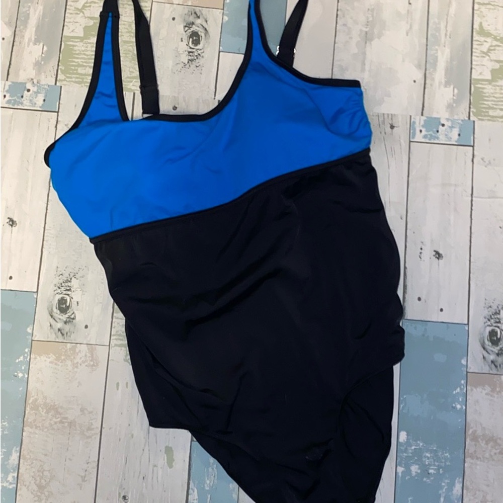 Swim365 used swim one piece rounded neckline high back swimwear. Blue top.